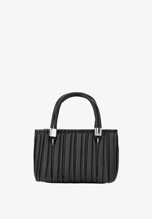 Geantă neagră cu pliuri verticale, două mânere rotunjite cu accente argintii, formă dreptunghiulară și design structurat.