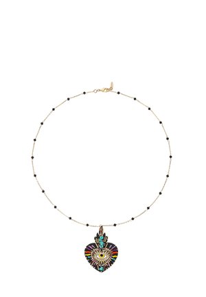 Gold-tone necklace with small black beads and a heart-shaped pendant featuring colorful eye design and intricate patterns.