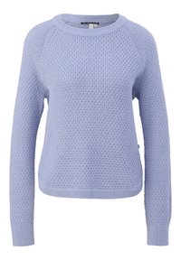 Light purple knitted sweater featuring a textured pattern, crew neck, and ribbed cuffs and hem, with raglan sleeves for a relaxed fit.