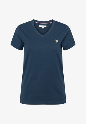 Donkerblauw V-hals T-shirt gemaakt van zacht katoen, met korte mouwen en een klein gouden logo op de linkerborst. Eenvoudig ontwerp, klassieke pasvorm.