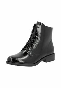 Bottines en cuir verni noir à finition lisse, avec lacets à l'avant et un petit talon bloc. Présentent un logo discret sur le côté.