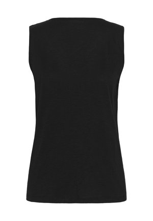 Top sans manches noir à encolure ronde, fabriqué en tissu doux. Design simple avec une texture lisse et sans motifs ni accents visibles.