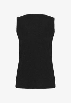 Black sleeveless top with a round neckline, made of soft fabric. Simple design with a smooth texture and no visible patterns or accents.