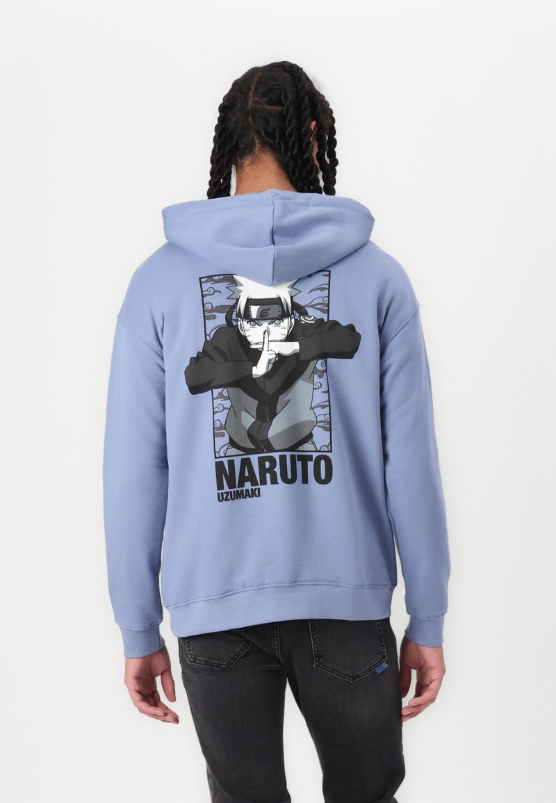 Light blue hoodie featuring a graphic of a character with a finger on lips, text "NARUTO UZUMAKI" below, and contrasting black accents.
