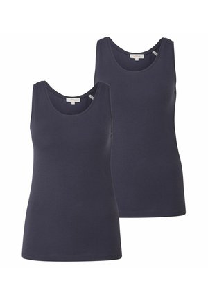 Two plain dark blue sleeveless tank tops with round necklines and visible brand labels on the collars.