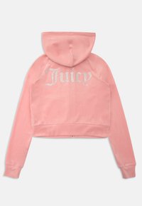 Roze crop hoodie van zachte stof, met een groot rhinestone 'Juicy' logo op de achterkant en een capuchon met trekkoord.