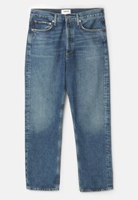 Vaqueros de mezclilla azul claro con corte recto, diseño de cinco bolsillos y sutil desgaste en los muslos. Cuenta con cierre de botón y trabillas para cinturón.