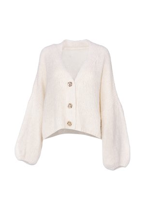 Cardigan court beige en tissu tricoté, avec un décolleté en V, des manches longues ballon et trois boutons décoratifs en ton doré.