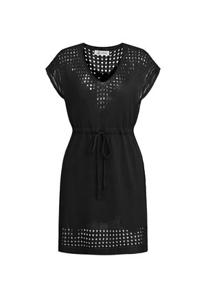 Czarna dzianinowa sukienka z dekoltem w serek, krótkimi rękawami, ściągaczem w talii oraz perforowanymi wzorami na dekolcie, rękawach i dole sukienki.