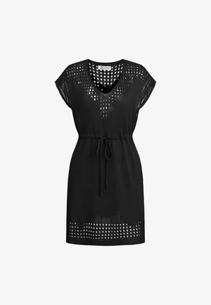 Zwarte gebreide jurk met V-hals, korte mouwen, taille met trekkoord en geperforeerde patronen op de halslijn, mouwen en zoom.