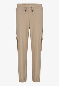 Béžové joggingové kalhoty vyrobené z měkké tkaniny, s elastickým pasem, kapsami se zipem a zúženými nohavicemi s žebrovanými manžetami.