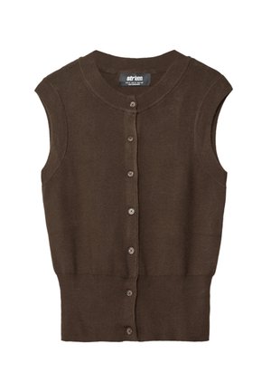 Gilet sans manches marron avec boutons sur le devant, col rond côtelé et ourlet, fabriqué en tissu tricoté.