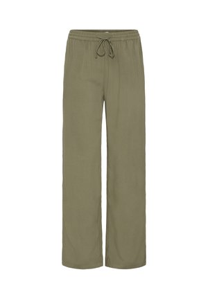 Pantalones de pierna ancha color verde oliva con cintura elástica y cierre de cordón, exhibidos sobre un fondo blanco.