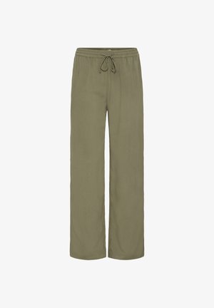 Pantalones de pierna ancha color verde oliva con cintura elástica y cierre de cordón, exhibidos sobre un fondo blanco.