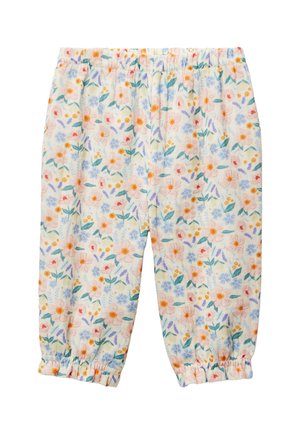 Pantalon blanc taille élastique avec poignets froncés, présentant un motif floral multicolore avec des accents orange, bleu, violet et vert.