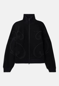 Zwarte zip-up sweatshirt met hoge kraag, voorzien van subtiele tonale draaipatronen en ribbels bij de mouwen. Gemaakt van een zachte, gestructureerde stof.