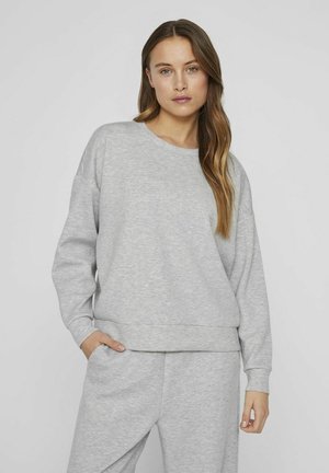 Lichtgrijze sweatshirt met een relaxte pasvorm, ronde hals en geribbelde manchetten. Heeft een subtiele geborduurde tekstontwerp op de voorkant.