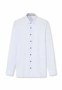 Weißes langärmliges Hemd aus Stoff mit durchgehender Knopfleiste und dunklen Knöpfen sowie einem gemusterten Innenkragen.