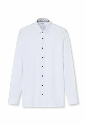 Weißes langärmliges Hemd aus Stoff mit durchgehender Knopfleiste und dunklen Knöpfen sowie einem gemusterten Innenkragen.