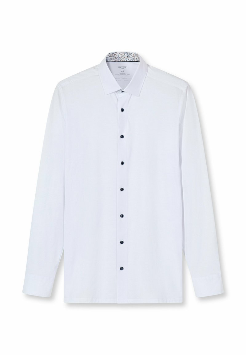 Weißes langärmliges Hemd aus Stoff mit durchgehender Knopfleiste und dunklen Knöpfen sowie einem gemusterten Innenkragen.