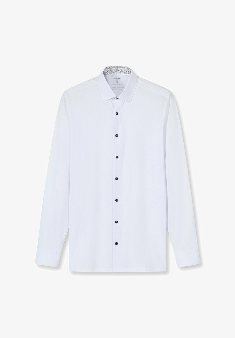 Weißes langärmliges Hemd aus Stoff mit durchgehender Knopfleiste und dunklen Knöpfen sowie einem gemusterten Innenkragen.