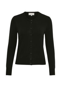 Svart långärmad knapp-up cardigan med rund halsringning och ribbade ärmslut och nederkant, uppvisad mot en vit bakgrund.