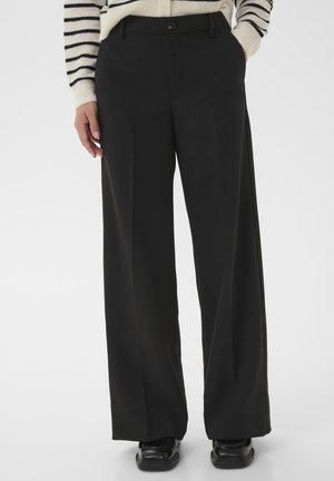 Black wide-leg trousers made of smooth fabric, featuring front pleats, a button closure, and side pockets. Worn with black shoes.