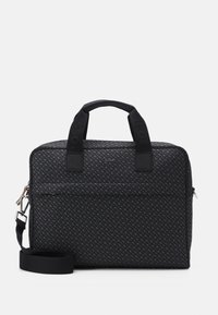 Black patterned laptop bag with dual top handles and an adjustable shoulder strap. Features a zip closure and a front pocket. Textured fabric.