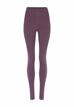 Ženske tajice visokog struka, pune duljine u čvrstoj boji mauve s vidljivim detaljima šavova na bijeloj pozadini.