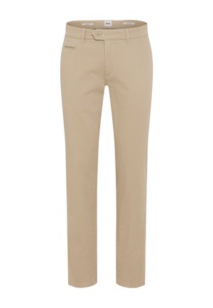 Beige katoenen broeken met een recht gesneden ontwerp, subtiele zakdetails en een knoopsluiting in de taille. Vlotte textuur.