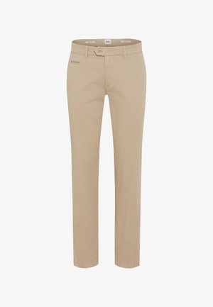 Beige Baumwollhose mit geradem Bein, dezenter Taschenverarbeitung und Knopfverschluss an der Taille. Glatte Textur.