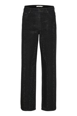 Jean en denim noir avec une coupe large, présentant une texture perforée et des poches frontales. Comprend une fermeture à bouton et des passants de ceinture.