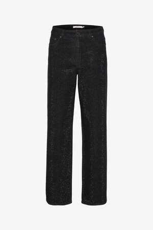 Zwarte denim jeans met een wijdvallende pasvorm, voorzien van een geperforeerde textuur en voorzakken. Inclusief een knoopsluiting en riemlussen.