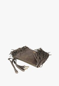 Borsa a tracolla in camoscio marrone con dettagli di frange e una cerniera dorata. Include una tracolla removibile per opzioni di trasporto versatili.