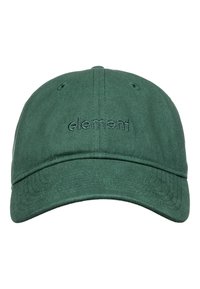 Gorra de béisbol verde con visera curvada y texto bordado "element" centrado en el panel frontal sobre fondo blanco.