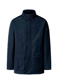 Marineblauw doorgestikt jack met een hoge kraag, twee voorzakken en contrasterende stikdetails. Gemaakt van waterafstotende synthetische stof.