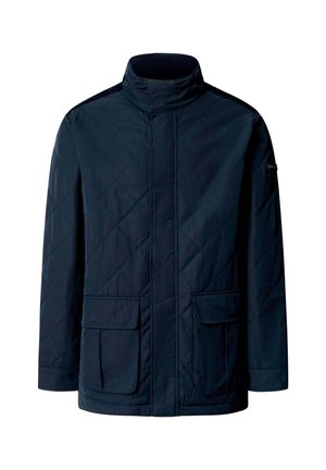 Marineblaue gesteppte Jacke mit hohem Kragen, zwei Vorderseitentaschen und kontrastierenden Steppnähten. Hergestellt aus wasserabweisendem Synthetikstoff.