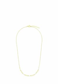 Collana in oro con maglie circolari e piccole perle bianche. Chiusura regolabile con catena aggiuntiva per variazione della lunghezza.