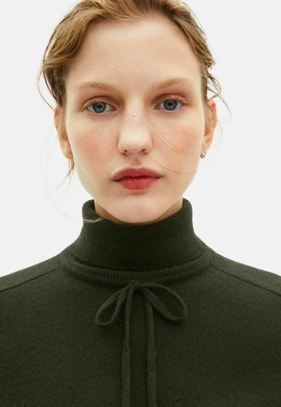 Sudadera de cuello alto en verde oscuro, hecha de material suave, con un cuello acanalado y un detalle de lazo en la parte frontal. Textura suave.