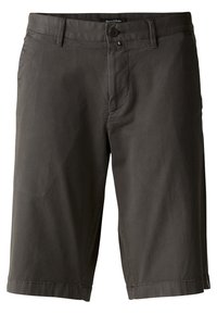 Shorts en coton gris foncé avec une coupe droite, dotés d'une fermeture à bouton à l'avant, de poches latérales et de poignets ourlés. Texture lisse.