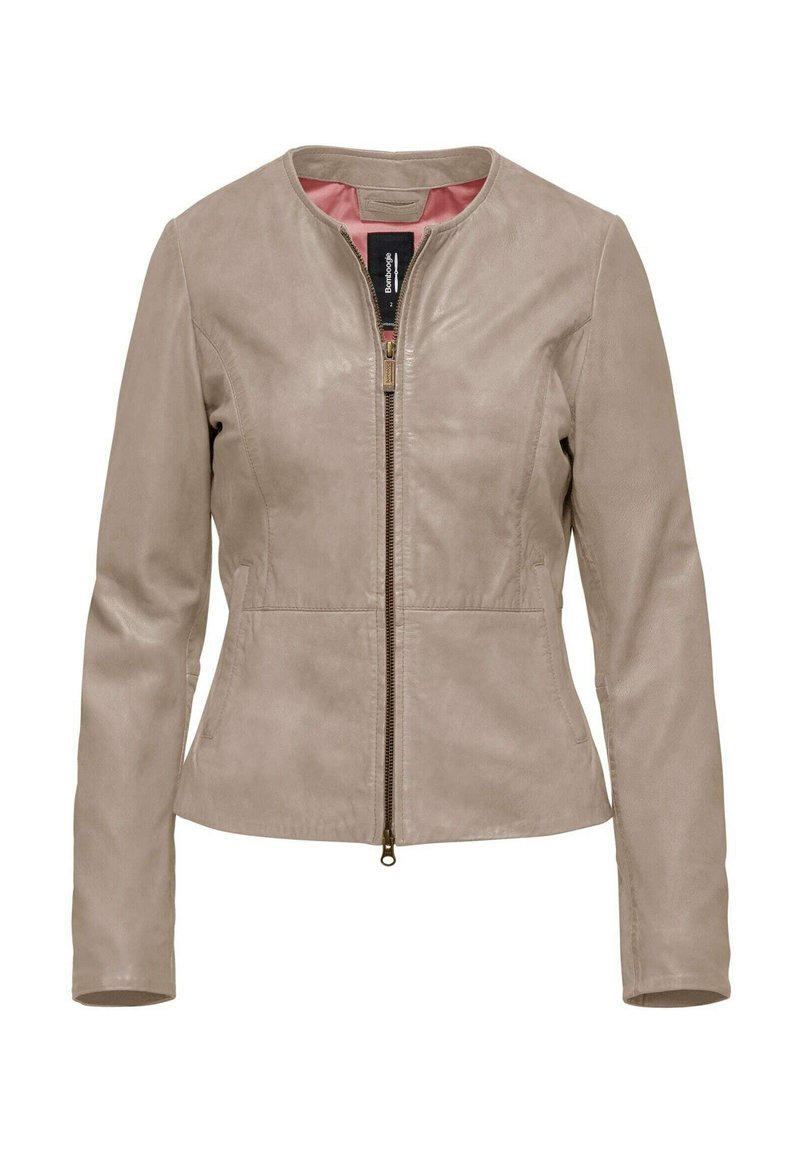 Beige leren jas, getailleerd ontwerp met een ronde halslijn, ritsluiting en twee voorzakken. Gladde textuur met een contrasterende voering.