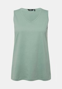 Top sin mangas de color verde menta con escote en V, hecho de una tela suave. Tiene un corte holgado y un dobladillo recto en la parte inferior. Sin estampados ni adornos.