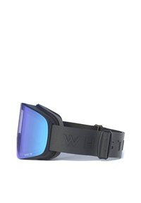 Skibrille mit blau verspiegeltem Glas, schwarzem Rahmen und verstellbarem Riemen, der das "WHT"-Logo in erhabenen Buchstaben zeigt. Gebogene Form für eine gute Passform.