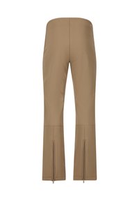 Pantalons beige slim-fit en tissu lisse. Dotés de fermetures éclair aux chevilles et d'une taille mi-haute, offrant une silhouette ajustée.