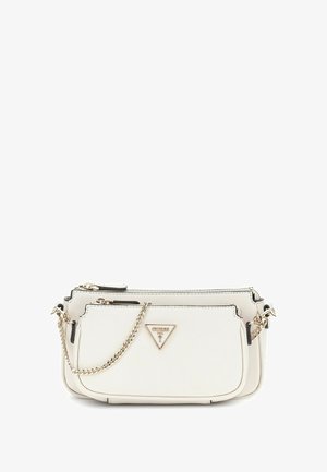 White synthetic handbag with a textured finish, featuring gold hardware, a chain strap, and a logo triangle accent. Two zippered compartments.
