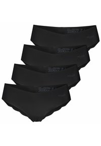 Vier schwarze Hipster-Unterhosen. Glattes Material mit gewellten Kanten. Jede Hose hat ein Logo am Bund und Pflegeanweisungen im Inneren.