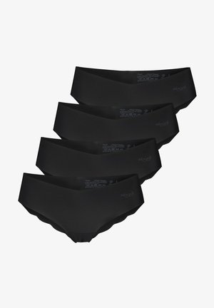 Four black hipster underwear pieces. Smooth fabric with scalloped edges. Each features a logo on the waistband and care instructions inside.