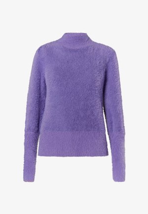 Lilla pullover-svetker, millel on kõrge kaelus, tekstuuriga, pehme kangas ja kudumiga mansetid. Omab karejat viimistlust ja siledat vööd.