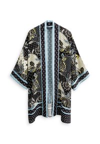 Kimono noir avec un motif floral complexe, des textures variées et des accents bleus le long des manches et des bords. Conception à devant ouvert.