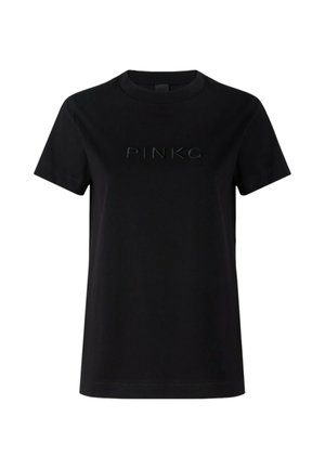T-shirt nera a maniche corte con girocollo, con logo "PINKO" in rilievo sottile e centrato sul petto, sfondo semplice.